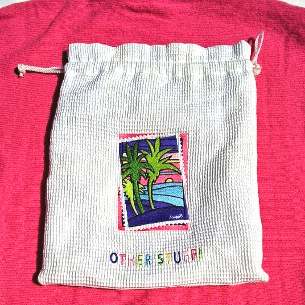 MaggiB White Drawstring Bag w Embroidered Tropical Design, Other Stuff!, Waffle